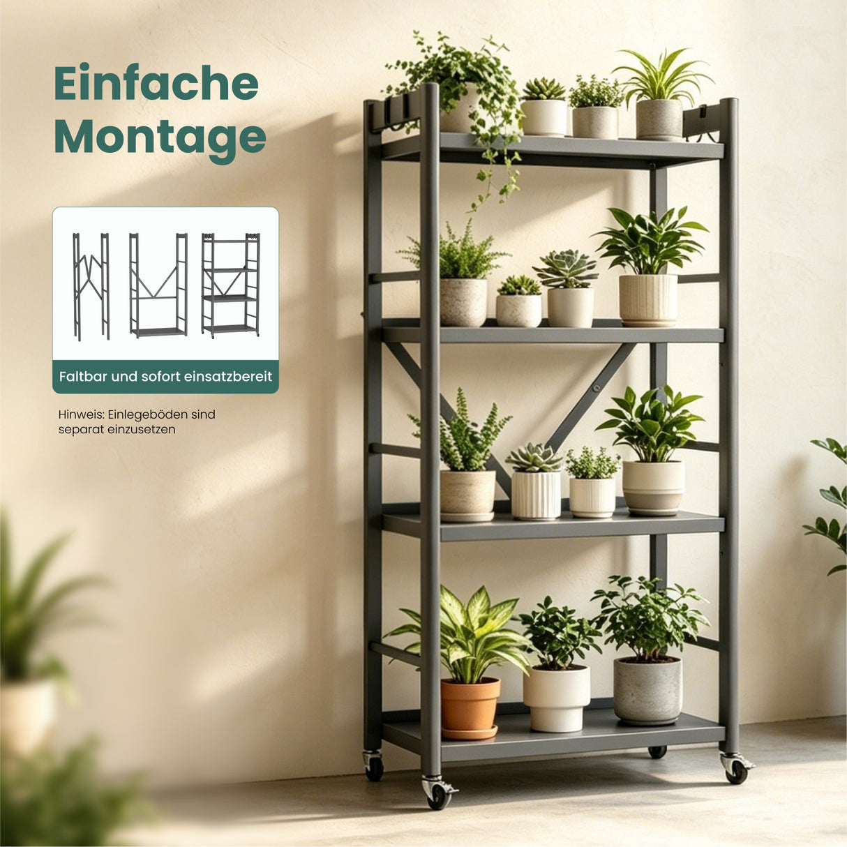 Glasvilla küchenregal stehend mit 4 Ebenen, Standregal küchen mit 4 Lenkrollen und Seitlichen Haken, Küchen Organizer für Mikrowelle, Töpfe & Gewürze, Reglo-13