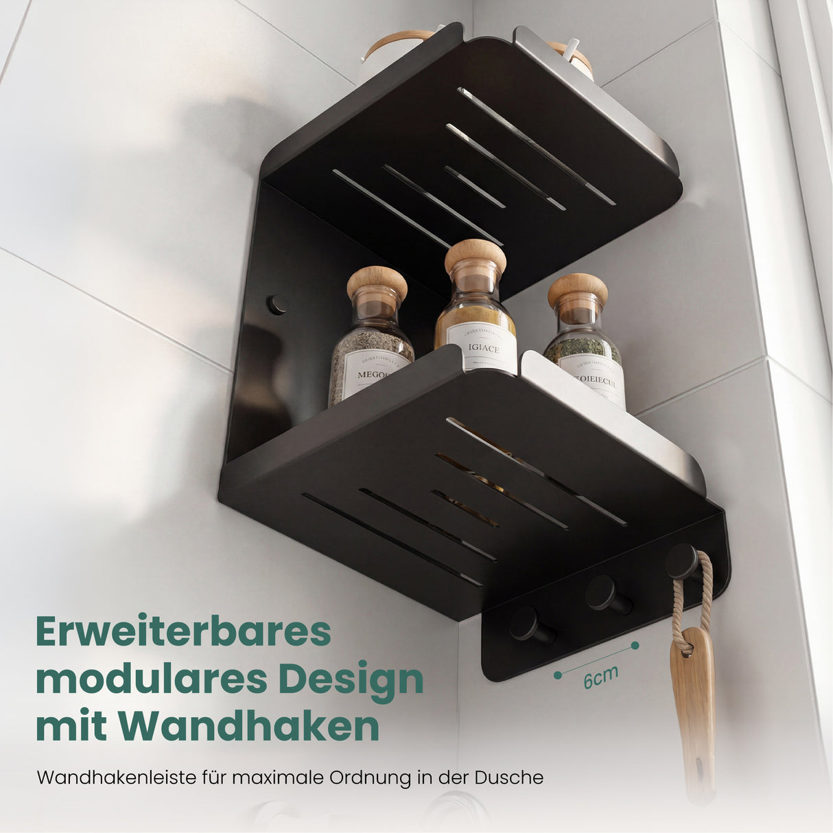 glasvilla Duschablage zum Bohren oder Kleben, Duschregal mit 3 Haken, Badezimmerablage zur Wandmontage, Badezimmer Organizer Reglo-14