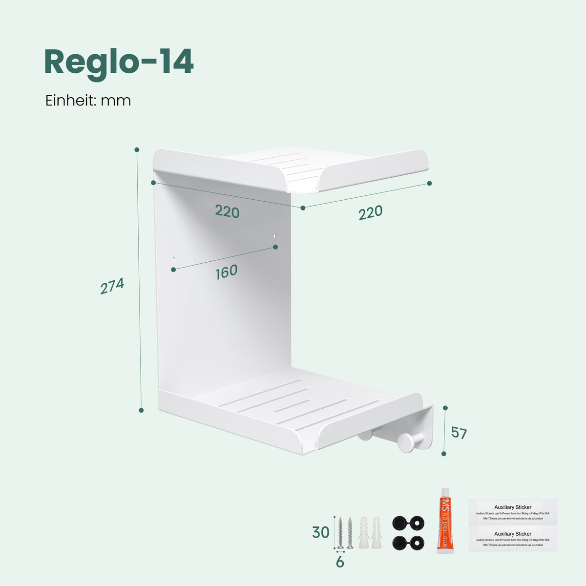 glasvilla Étagère de douche à percer ou à coller, support de douche avec 3 crochets, étagère de salle de bain murale, organiseur de salle de bain Reglo-14