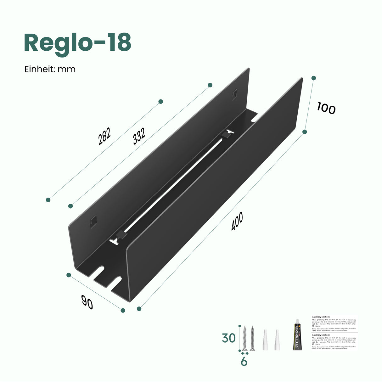 glasvilla Duschablage ohne Bohren mit 2 Schiebehaken, Reglo-18 40cm | Duschregal ohne Bohren oder mit Bohren, Ablaufdesign Badezimmer Organizer, Metall, Shampoo Halterung für Dusche, Bad & Küche