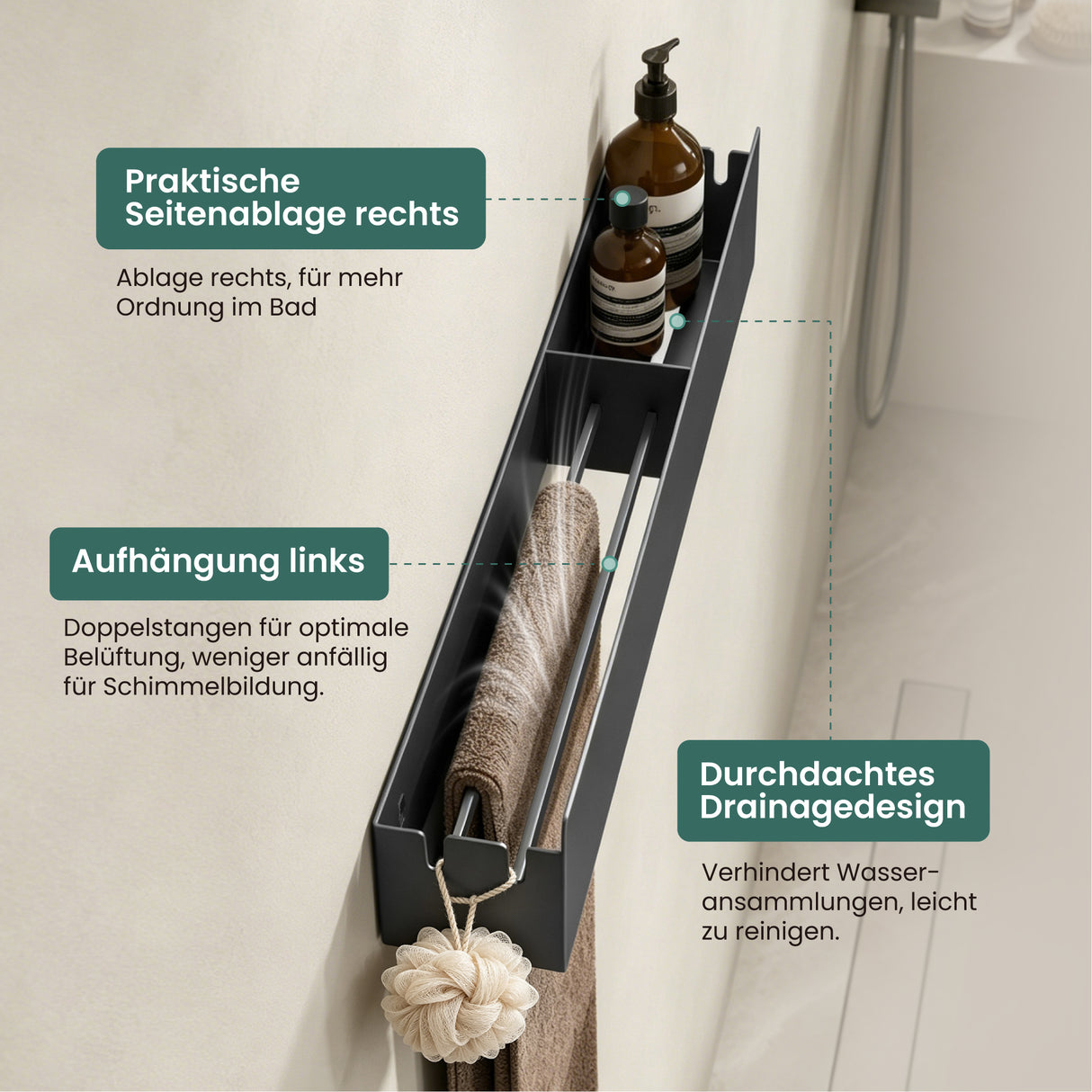 glasvilla Duschablage ohne Bohren mit Handtuchhalter, 60cm Reglo-18 | Duschregal ohne Bohren oder mit Bohren, Drainage, Duschablage zum Hängen, Metall, Shampoo Halterung für Dusche, Bad, Küche