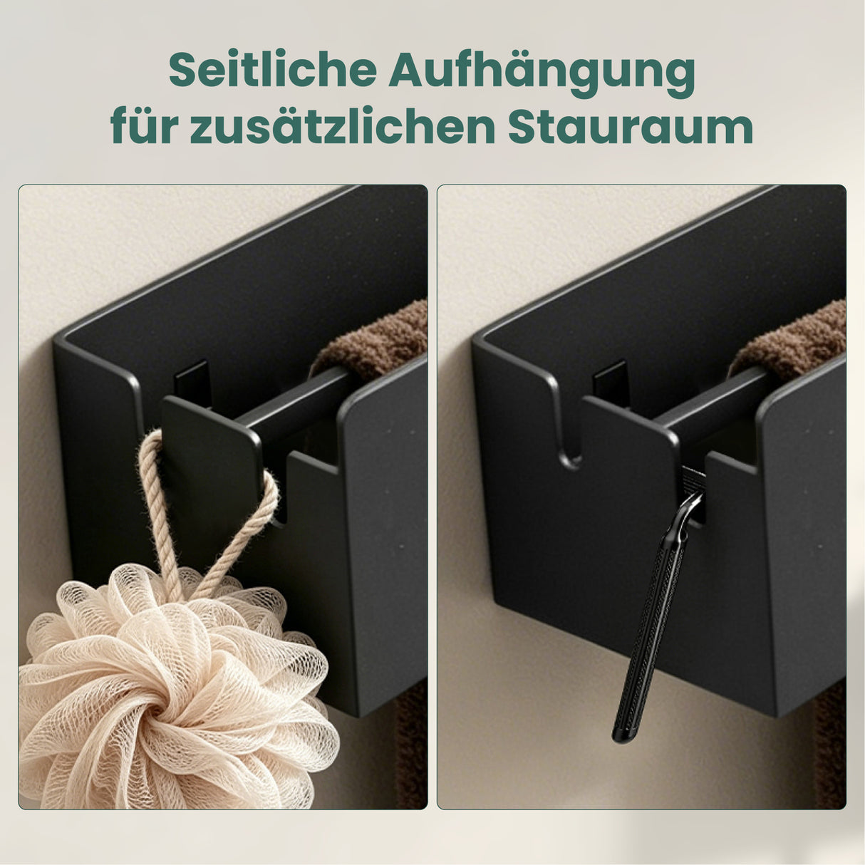 glasvilla Duschablage ohne Bohren mit Handtuchhalter, 60cm Reglo-18 | Duschregal ohne Bohren oder mit Bohren, Drainage, Duschablage zum Hängen, Metall, Shampoo Halterung für Dusche, Bad, Küche