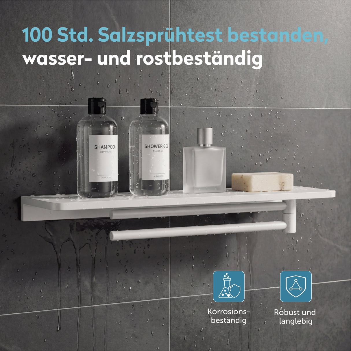 glasvilla Duschablage zum Bohren, Duschregal mit 2 Handtuchstangen aus Aluminiumlegierung, Badezimmerablage zur Wandmontage, Badezimmer Organizer Reglo-19