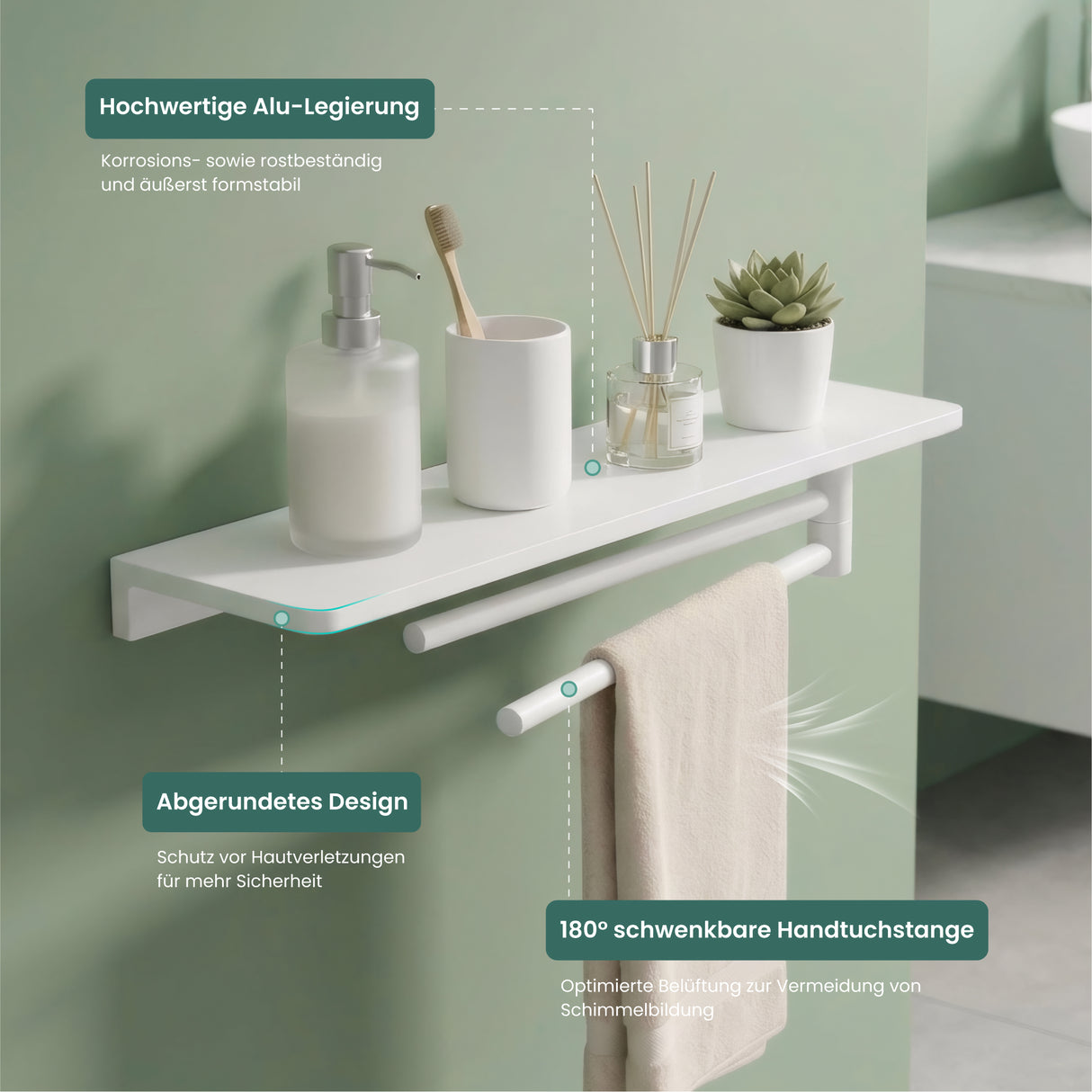 glasvilla Duschablage zum Bohren, Duschregal mit 2 Handtuchstangen aus Aluminiumlegierung, Badezimmerablage zur Wandmontage, Badezimmer Organizer Reglo-19