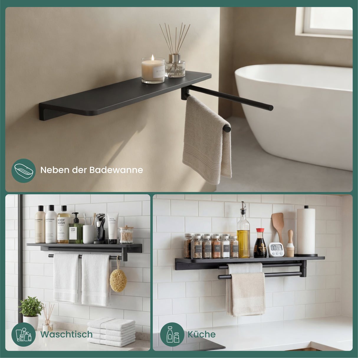 glasvilla Duschablage zum Bohren, Duschregal mit 2 Handtuchstangen aus Aluminiumlegierung, Badezimmerablage zur Wandmontage, Badezimmer Organizer Reglo-19