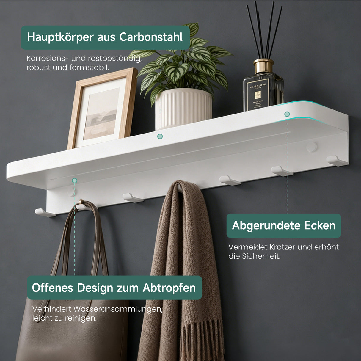 glasvilla Wandgarderobe mit Ablage, Garderobenleiste 50cm, Reglo-20 | Inkl.7 Garderobenhaken; als Wandhaken oder Kleiderhaken, Klebe- oder Bohrmontage, für Bad, Küche, Flur