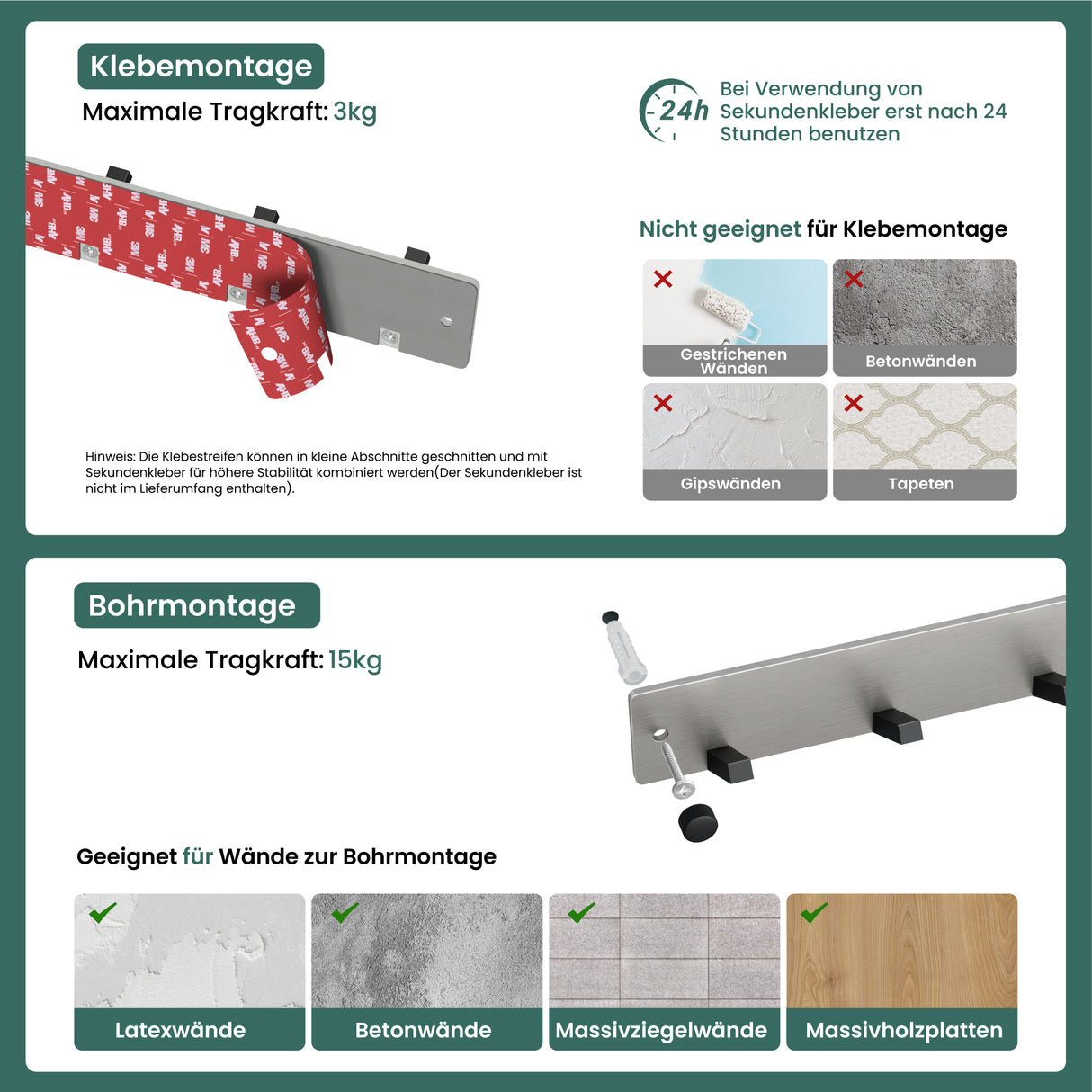 glasvilla Appendiabiti da Parete, Attaccapanni da Muro in Acciaio Inossidabile per Camera da Letto, Ingresso, Cucina, Stalo-04+05