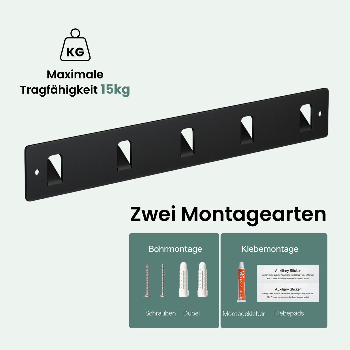 glasvilla Kleiderhaken ohne Bohren Wandgarderobe Wandhaken mit 5 Haken Garderobenleiste Garderobenhaken Stalo-14