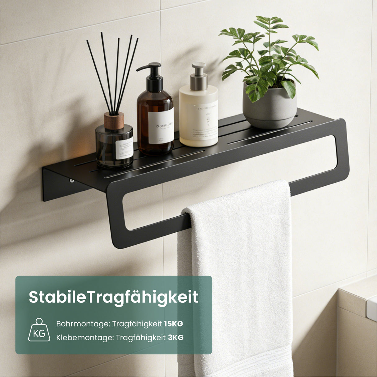 glasvilla Handtuchhalter mit Ablage , Handtuchstange Wandmontage zum Bohren oder Kleben, Handtuchaufhänger für Badezimmer und Küche Tavrin-04