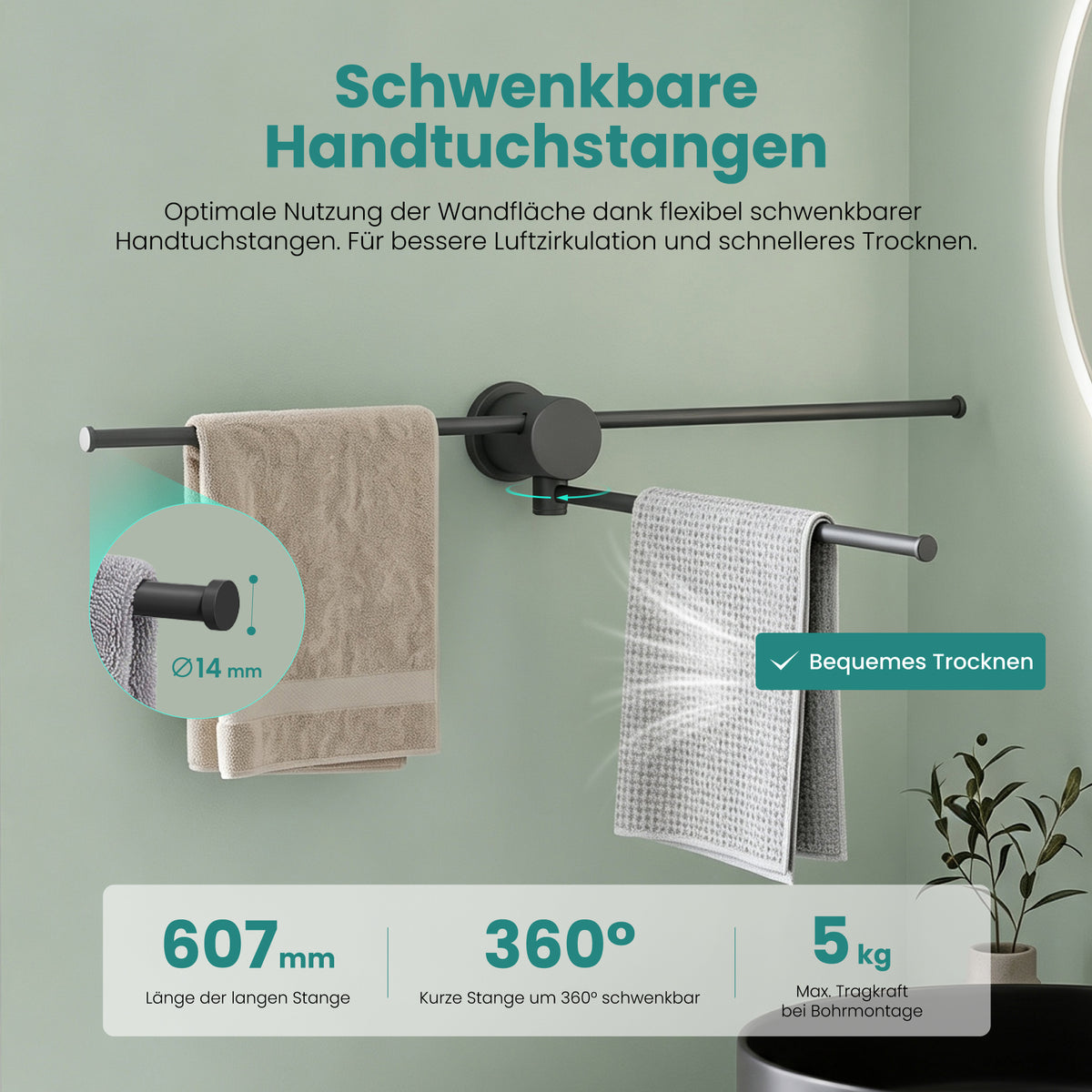 glasvilla Handtuchhalter ohne Bohren, 360° schwenkbar, Wand-Handtuchhalter aus Aluminium, 60,7 cm, selbstklebend oder zum Bohren, verstellbar, für Hand- & Badetücher, Tavrin-08