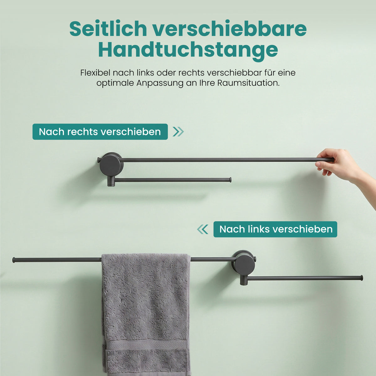 glasvilla Handtuchhalter ohne Bohren, 360° schwenkbar, Wand-Handtuchhalter aus Aluminium, 60,7 cm, selbstklebend oder zum Bohren, verstellbar, für Hand- & Badetücher, Tavrin-08