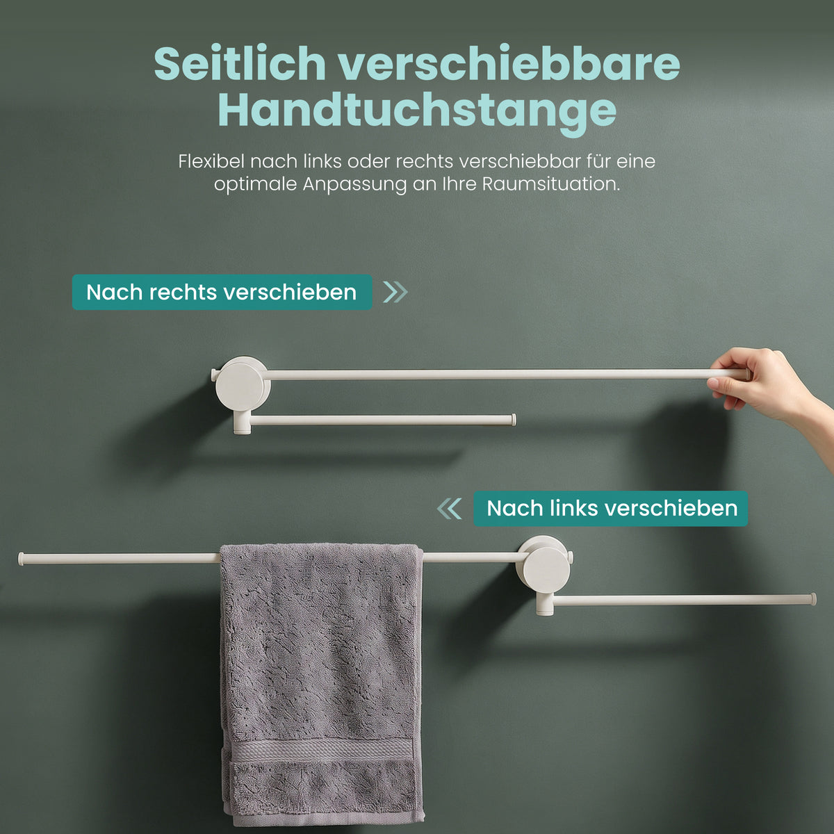 glasvilla Handtuchhalter ohne Bohren, 360° schwenkbar, Wand-Handtuchhalter aus Aluminium, 60,7 cm, selbstklebend oder zum Bohren, verstellbar, für Hand- & Badetücher, Tavrin-08