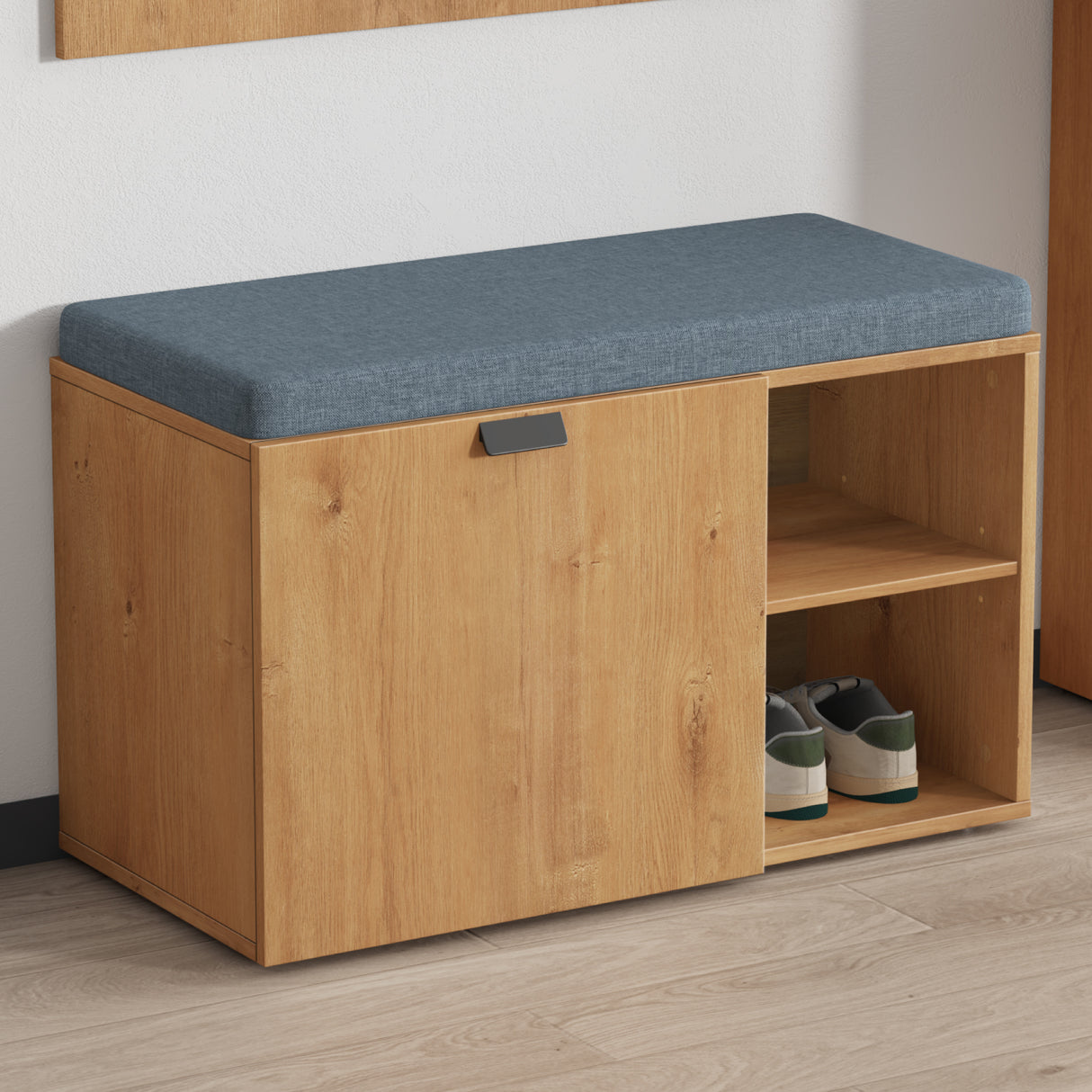 glasvilla Schuhbank mit Sitzfläche, Schuhregal mit Schiebetüren und offenen Fächern, gepolsterter Sitz, verstellbare Ablagen 80x37x50cm Zitta-01