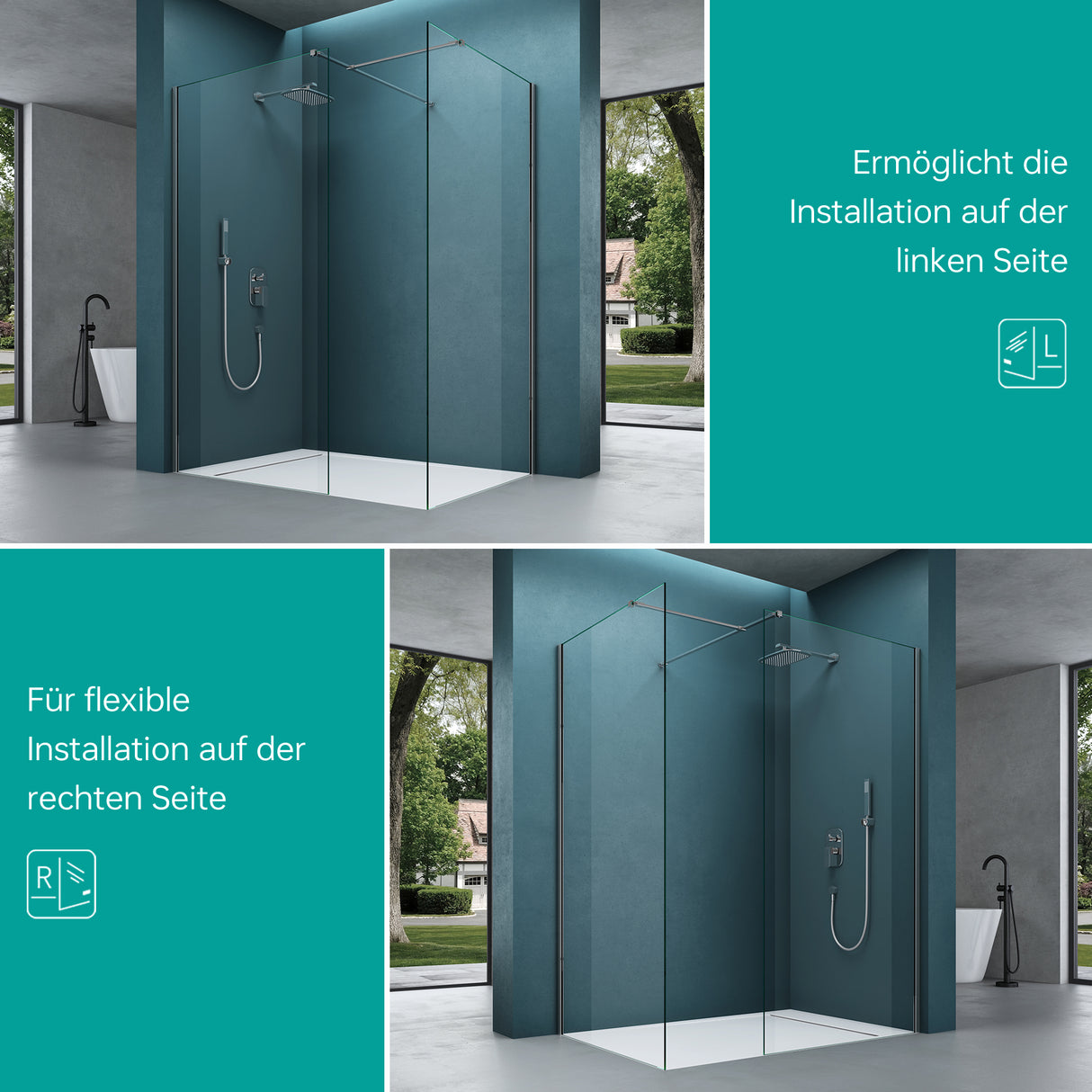 glasvilla Box Doccia Walk-In Due Lati Fissi, Parete Doccia in Vetro Trasparente 8mm di Sicurezza ESG con Rivestimento Nano, Cabina Doccia Bremen01K/MS-T