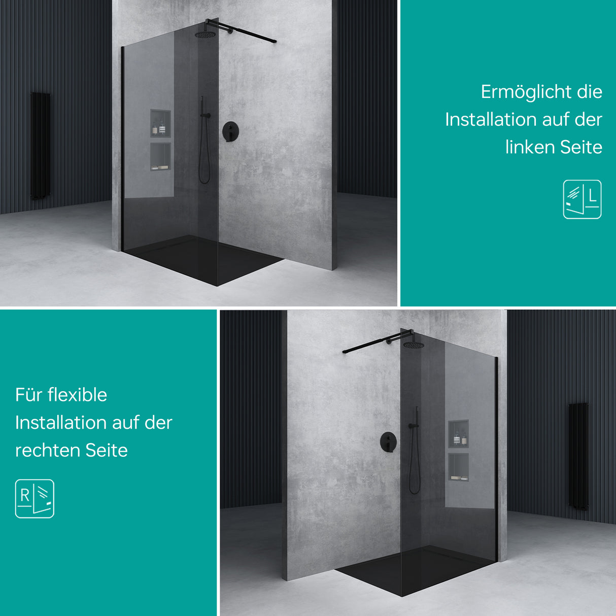 glasvilla Duschwand für Dusche Duschabtrennung Walk-In ESG-Sicherheitsglas 10mm NANO Glas BRAM1&BRAM3 Bremen2 Schwarz