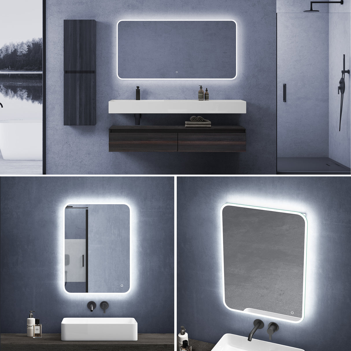 Miroir mural de salle de bain Glasvilla Miroir de salle de bain LED avec interrupteur tactile, antibuée grâce à une couche antibuée