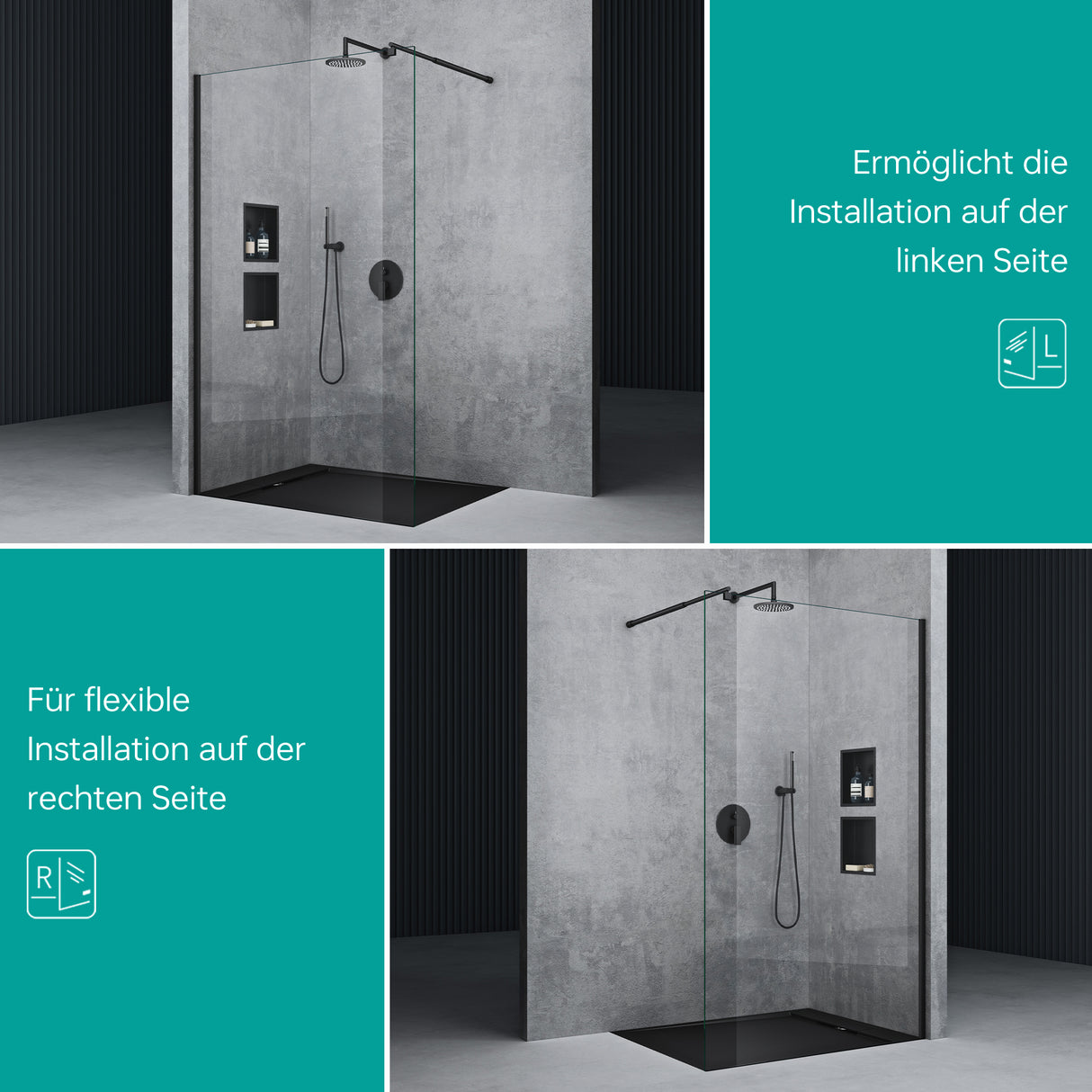 glasvilla Duschwand für Dusche Duschabtrennung Walk-In ESG-Sicherheitsglas 10mm NANO Glas BRAM1&BRAM3 Bremen2 Schwarz
