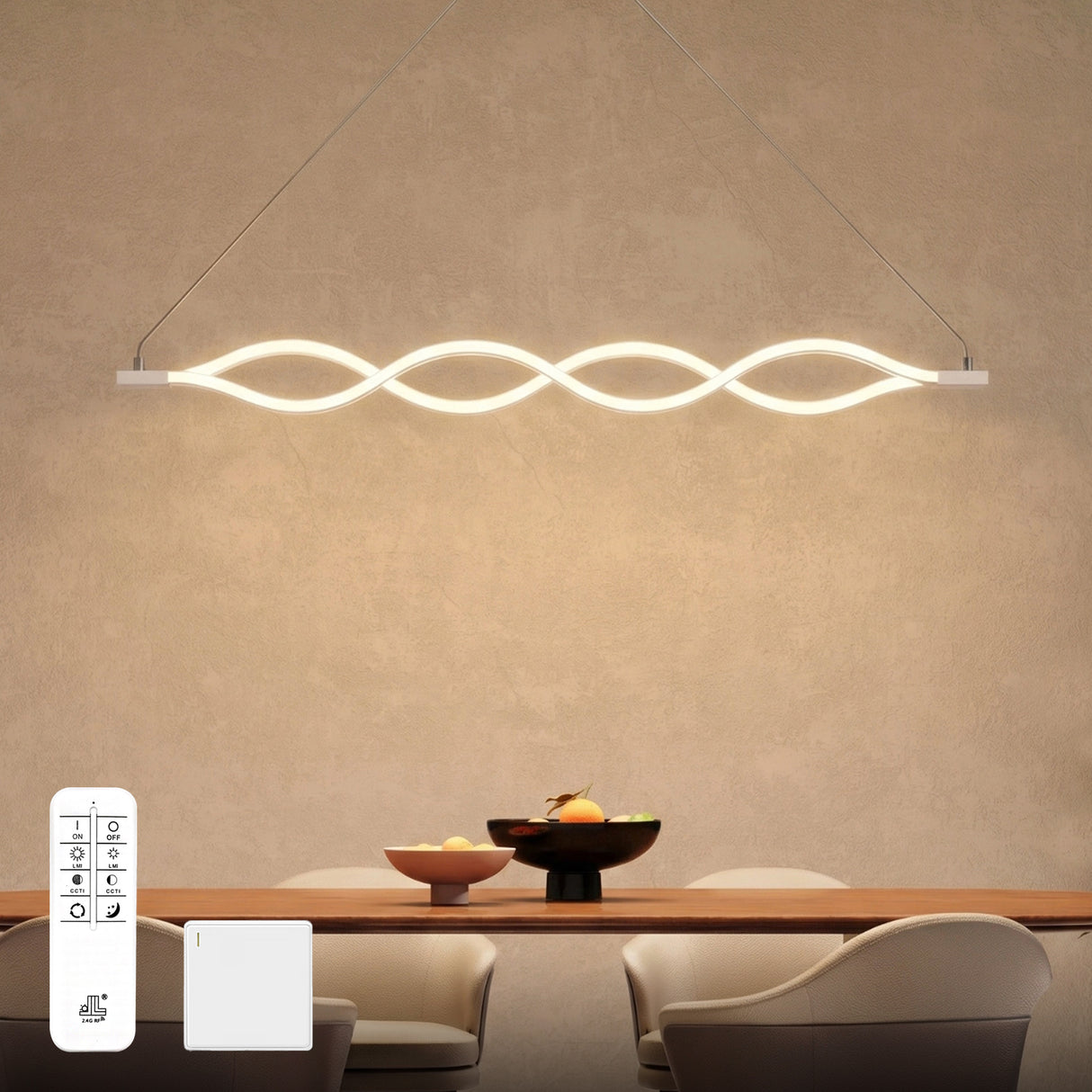 Suspension Glasvilla 106 cm, lampe LED dimmable avec télécommande, température de couleur 3000K/4000K/6000K, câble ajustable, 60 W, blanc, idéale pour salle à manger, salon ou chambre.