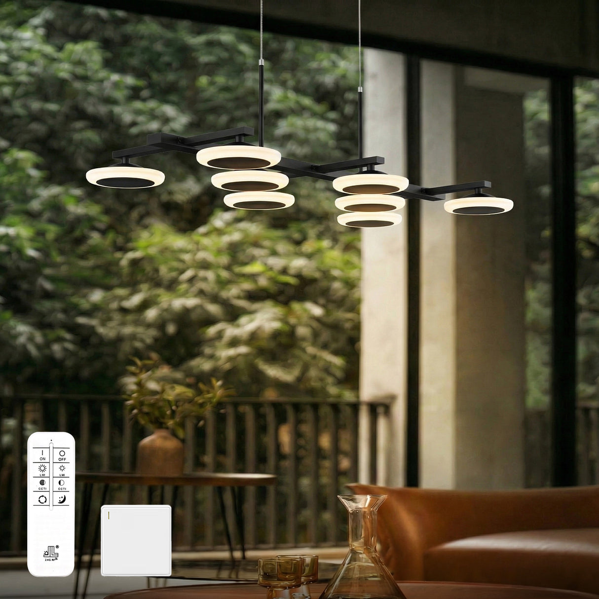 Suspension Glasvilla 72 cm, lampe LED dimmable avec télécommande, température de couleur 3000K/4000K/6000K, câble ajustable, 32 W, noir mat, idéale pour salle à manger, salon ou chambre.