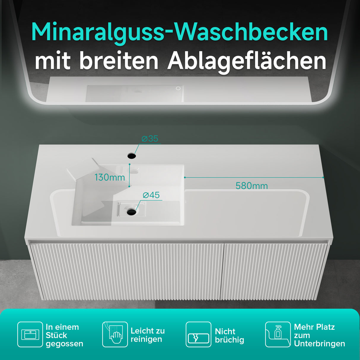 glasvilla Mobile Bagno Sospeso 120cm Mobiletto da Bagno con Cassetto di Soft-close Mobile da Bagno Include Lavabo Marmo fuso Santa