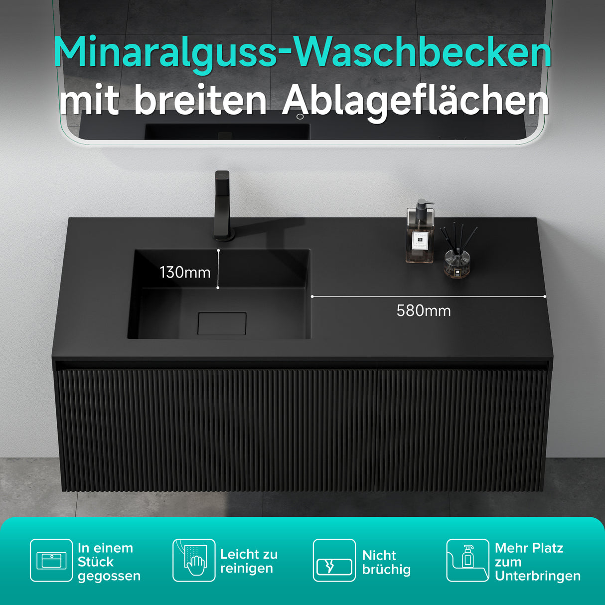 glasvilla Mobile Bagno Sospeso 120cm Mobiletto da Bagno con Cassetto di Soft-close Mobile da Bagno Include Lavabo Marmo fuso Santa