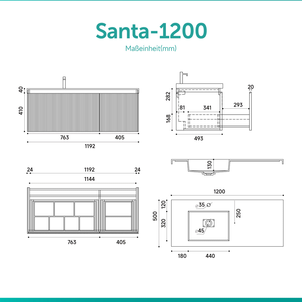 glasvilla Mobile Bagno Sospeso 120cm Mobiletto da Bagno con Cassetto di Soft-close Mobile da Bagno Include Lavabo Marmo fuso Santa