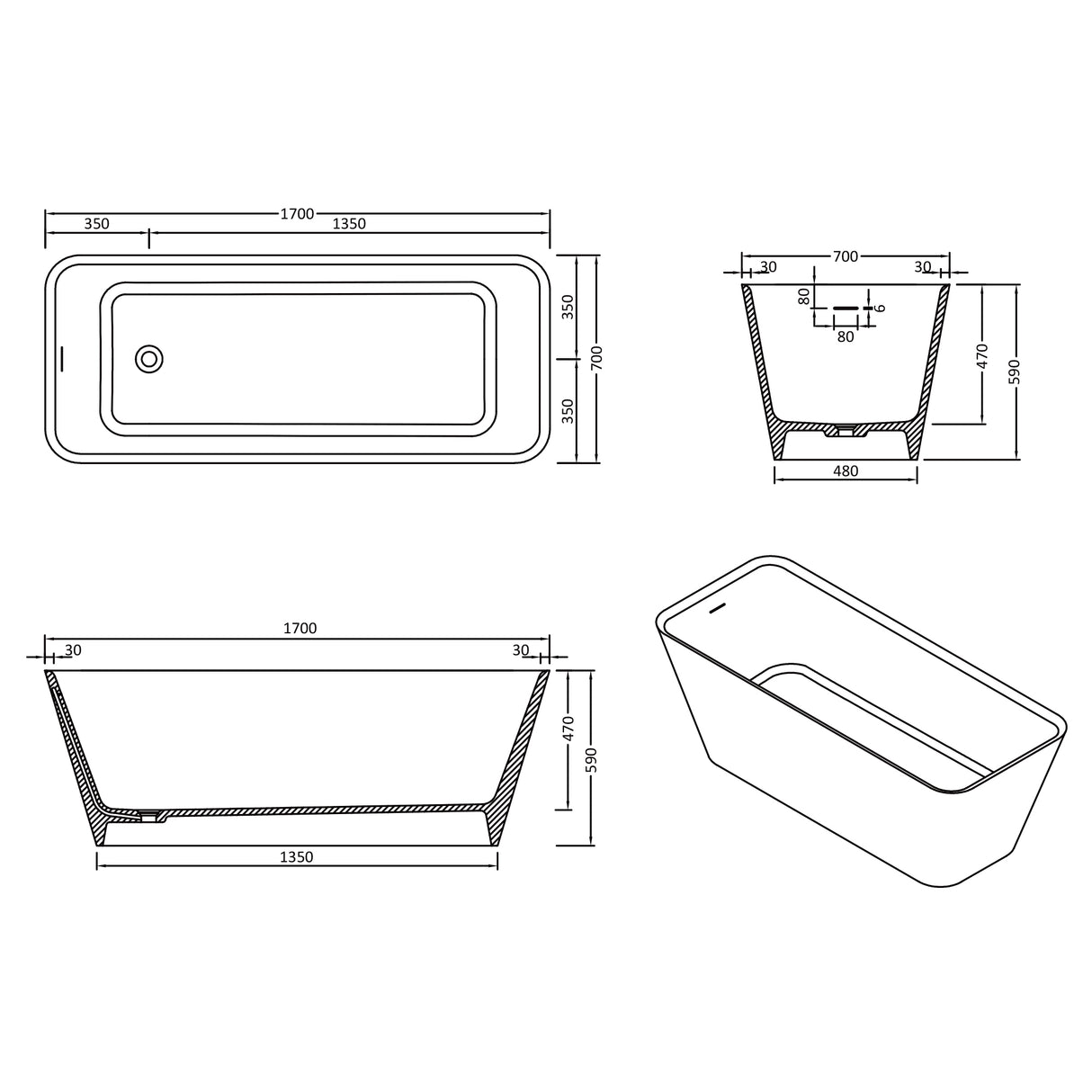 glasvilla Bañera independiente Blanco mate de mineral fundido Bañera de pie incl. sellado Nano