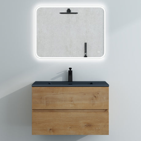 Ensemble de meubles de salle de bain Glasvilla, meuble sous-vasque avec meuble bas, vasque en fonte minérale anthracite, meuble bas pour vasque, 2 tiroirs, fermeture amortie Aqualis