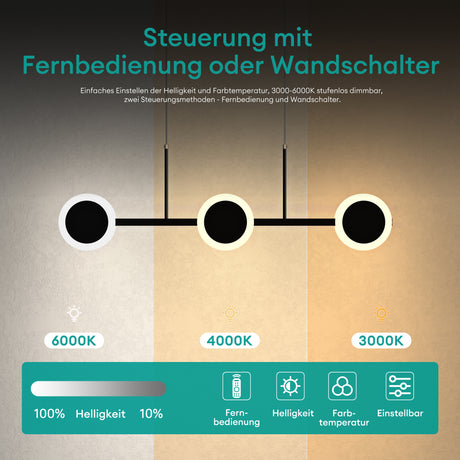 glasvilla Pendelleuchte 70cm LED Hängelampe Dimmbar mit Fernbedienung 3000K/4000K/6000K Verstellbares Kabel 24W matt Schwarz Hängeleuchte für Esszimmer Wohnzimmer Schlafzimmer
