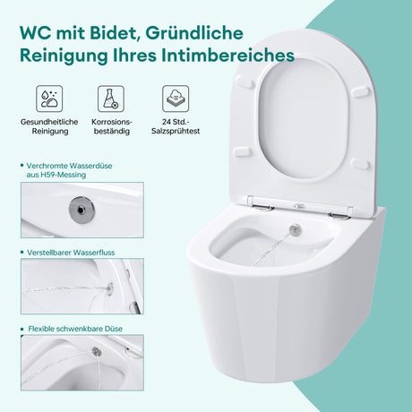 glasvilla Hänge WC Toilette Wand-WC Spülrandlos Weiß aus Keramik Wandmontage mit Absenkautomatik Aachen601