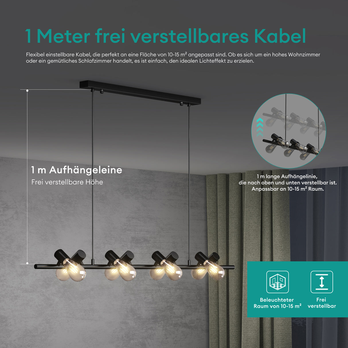 glasvilla Pendelleuchte 120cm LED Hängelampe 8 Flammig 4000K Verstellbares Kabel E27 Schwarz Hängeleuchte für Esszimmer Wohnzimmer Schlafzimmer