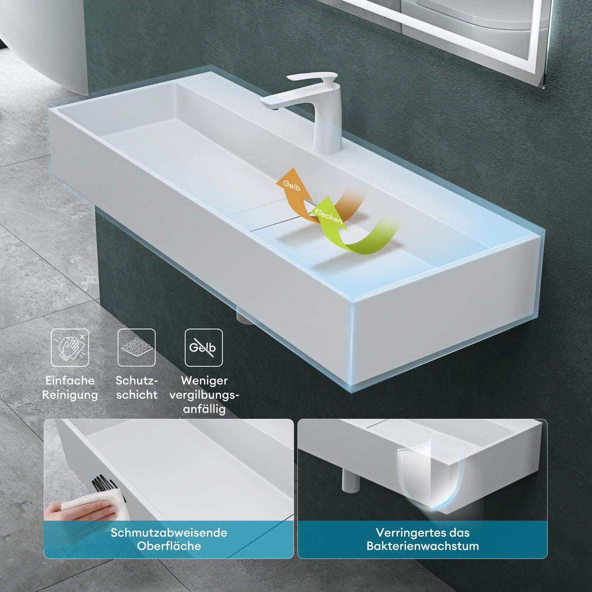 Lavabo à poser Glasvilla, lavabo suspendu en matériau minéral moulé avec trou de robinetterie Col6028
