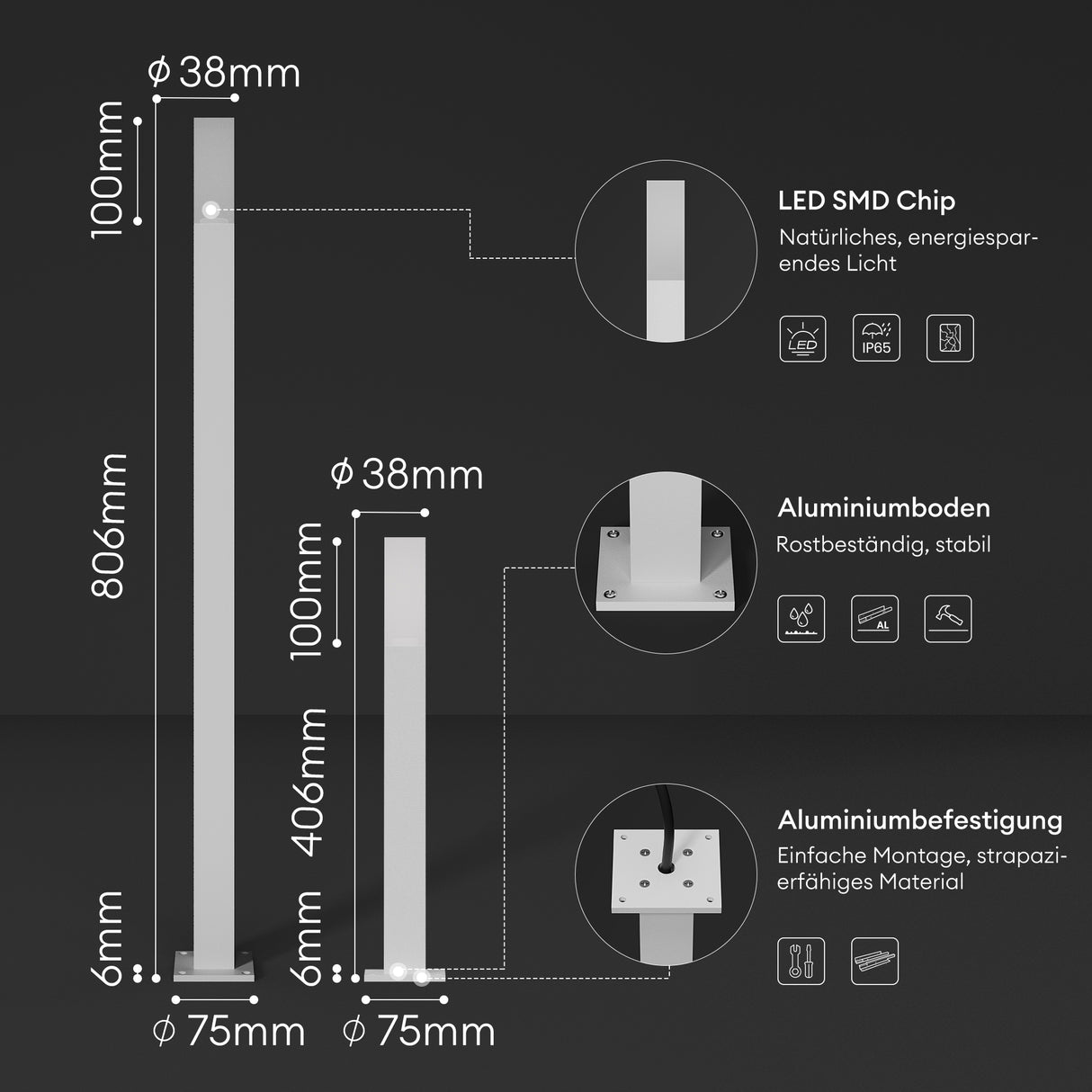 éclairage extérieur glasvilla IP65 éclairage de chemin extérieur | Borne lumineuse pour jardin, lampadaire 3000K, lampe de jardin | Lampadaire d'extérieur 3W Deus Lumina 