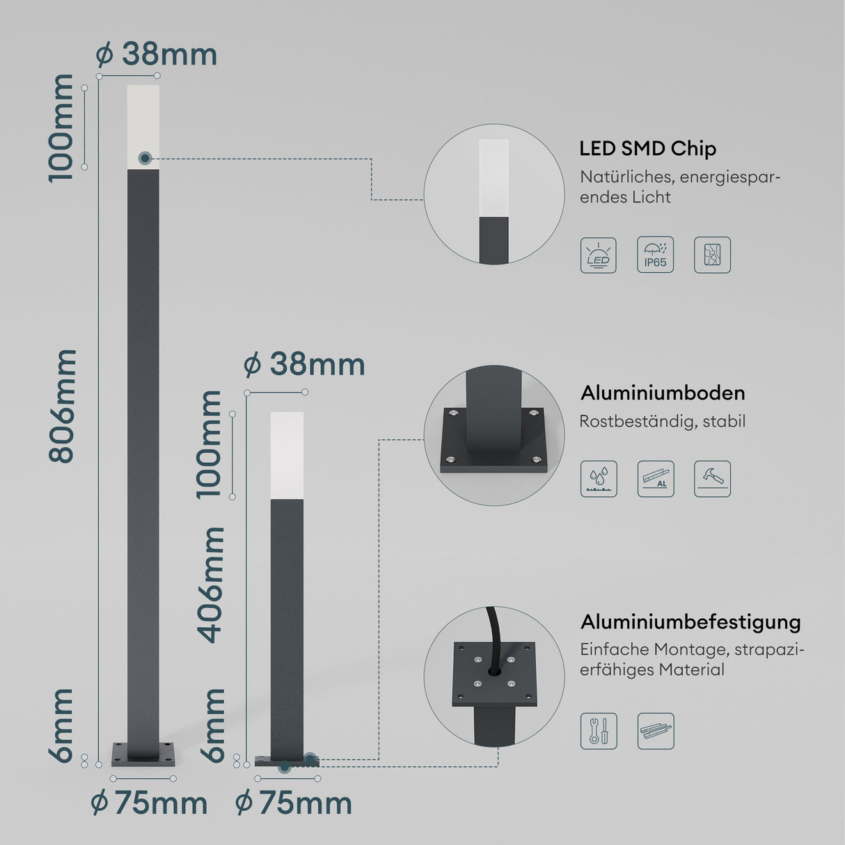 éclairage extérieur glasvilla IP65 éclairage de chemin extérieur | Borne lumineuse pour jardin, lampadaire 3000K, lampe de jardin | Lampadaire d'extérieur 3W Deus Lumina 