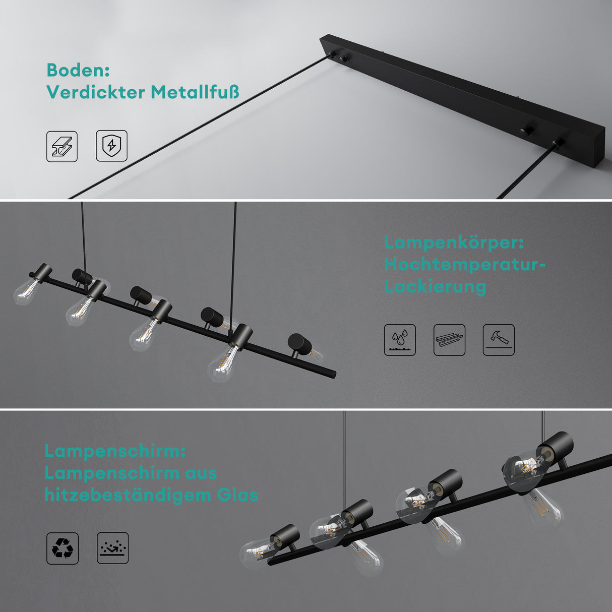 glasvilla Pendelleuchte 120cm LED Hängelampe 8 Flammig 4000K Verstellbares Kabel E27 Schwarz Hängeleuchte für Esszimmer Wohnzimmer Schlafzimmer