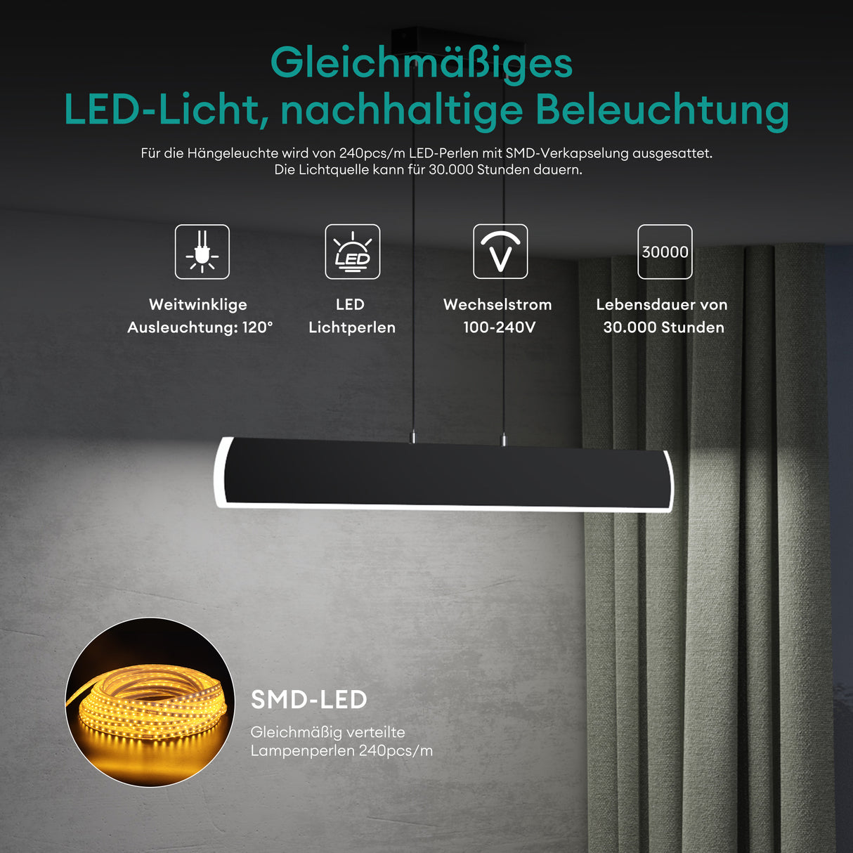 glasvilla Pendelleuchte 100cm LED Hängelampe Dimmbar mit Fernbedienung 3000K/4000K/6000K Verstellbares Kabel 20W Hängeleuchte für Esszimmer Wohnzimmer Schlafzimmer