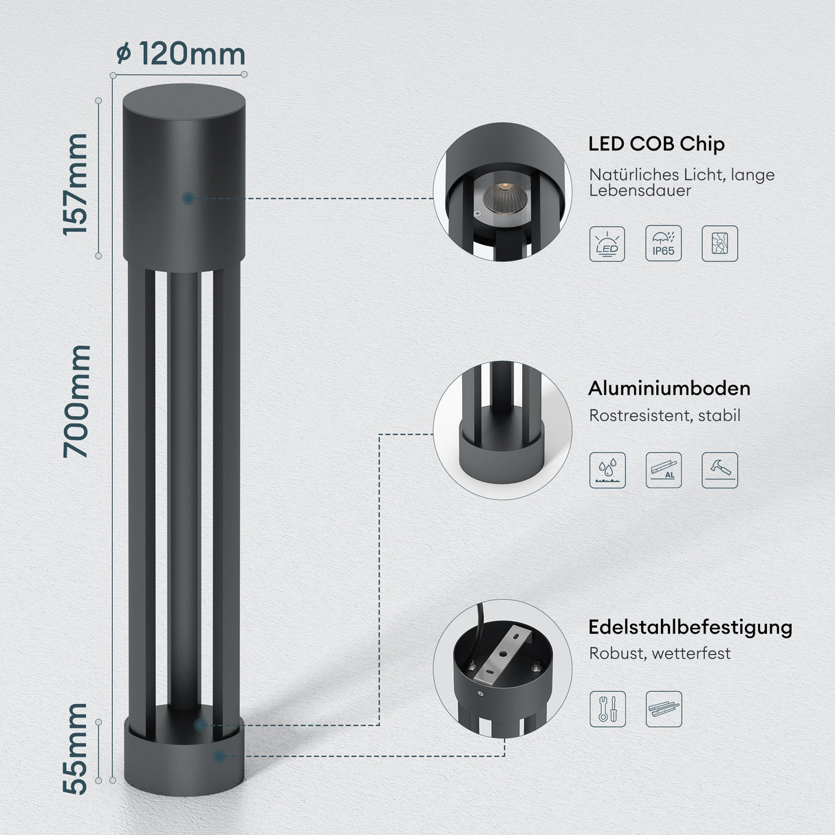 Luminaire extérieur glasvilla ⌀120xH700mm IP65 éclairage de chemin extérieur | Borne lumineuse pour jardin, lampadaire 3000K, lampe de jardin | Lampadaire d'extérieur 10W NeoForge 