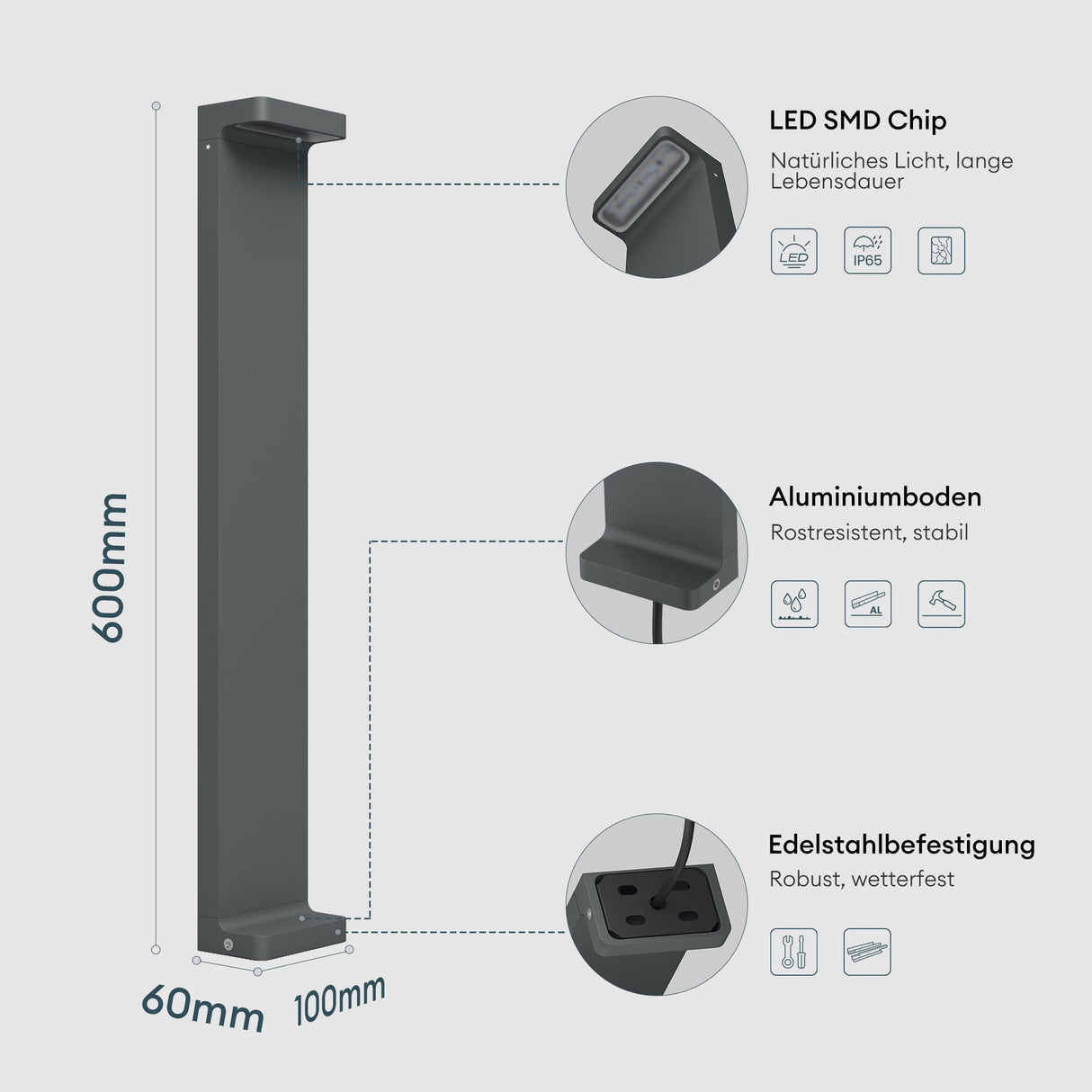 Lampe d'extérieur glasvilla 10x6x60cm IP65 éclairage de chemin extérieur | Borne lumineuse pour jardin, lampadaire 3000K, lampe de jardin | Lampadaire d'extérieur 6W LumaTorch 