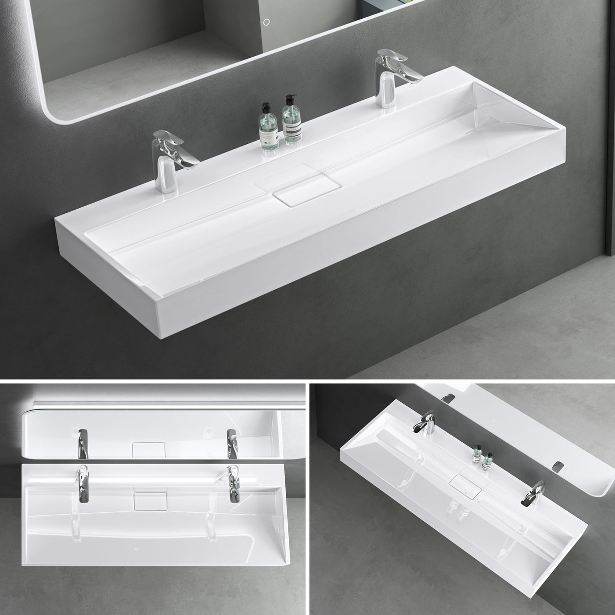 lavabo Glasvilla, lavabo à poser, lavabo suspendu, meuble vasque suspendu avec bonde, en fonte minérale, zone de vasque rectangulaire col19