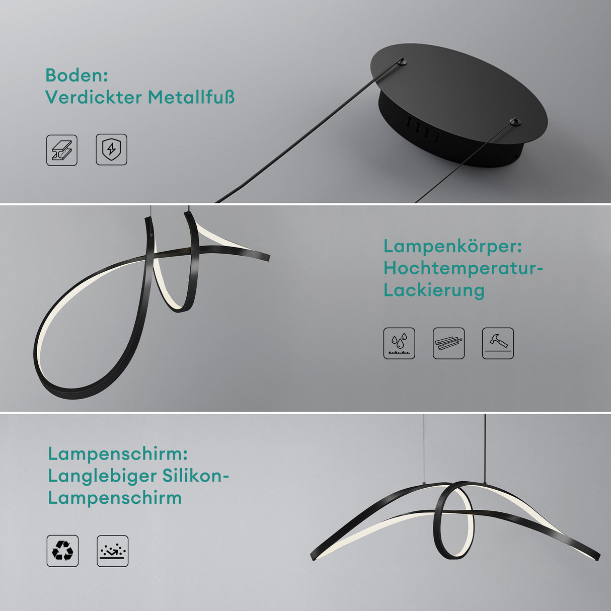glasvilla Pendelleuchte 90cm LED Hängelampe Dynamisches Wellendesign 3000K/4000K/6000K Verstellbares Kabel 30W Schwarz Hängeleuchte für Esszimmer Wohnzimmer Schlafzimmer