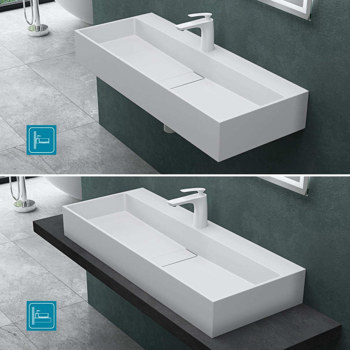 Lavabo à poser Glasvilla, lavabo suspendu en matériau minéral moulé avec trou de robinetterie Col6028