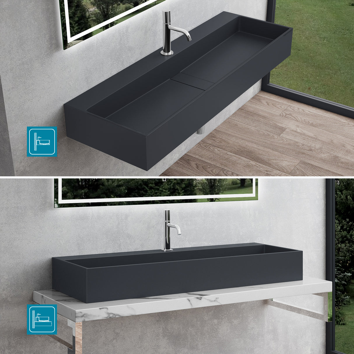 Lavabo à poser Glasvilla, lavabo suspendu en matériau minéral moulé avec trou de robinetterie Col6028