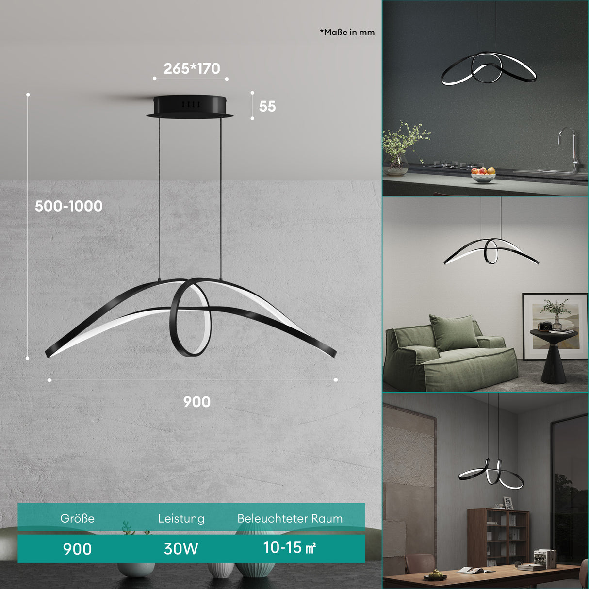 glasvilla Pendelleuchte 90cm LED Hängelampe Dynamisches Wellendesign 3000K/4000K/6000K Verstellbares Kabel 30W Schwarz Hängeleuchte für Esszimmer Wohnzimmer Schlafzimmer