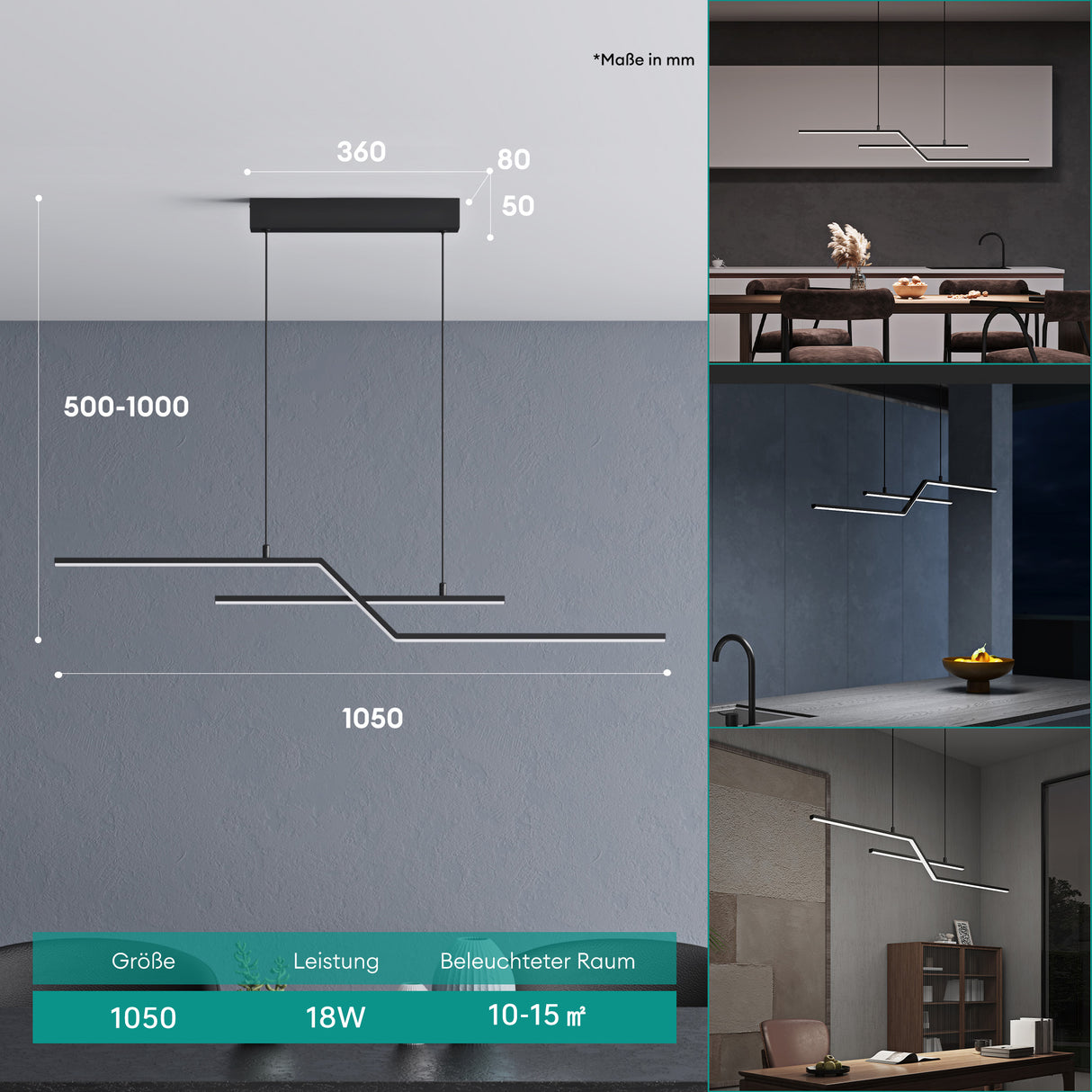 glasvilla Pendelleuchte 105cm LED Hängelampe Linear design 3000K/4000K/6000K Verstellbares Kabel 18W Hängeleuchte für Esszimmer Wohnzimmer Schlafzimmer