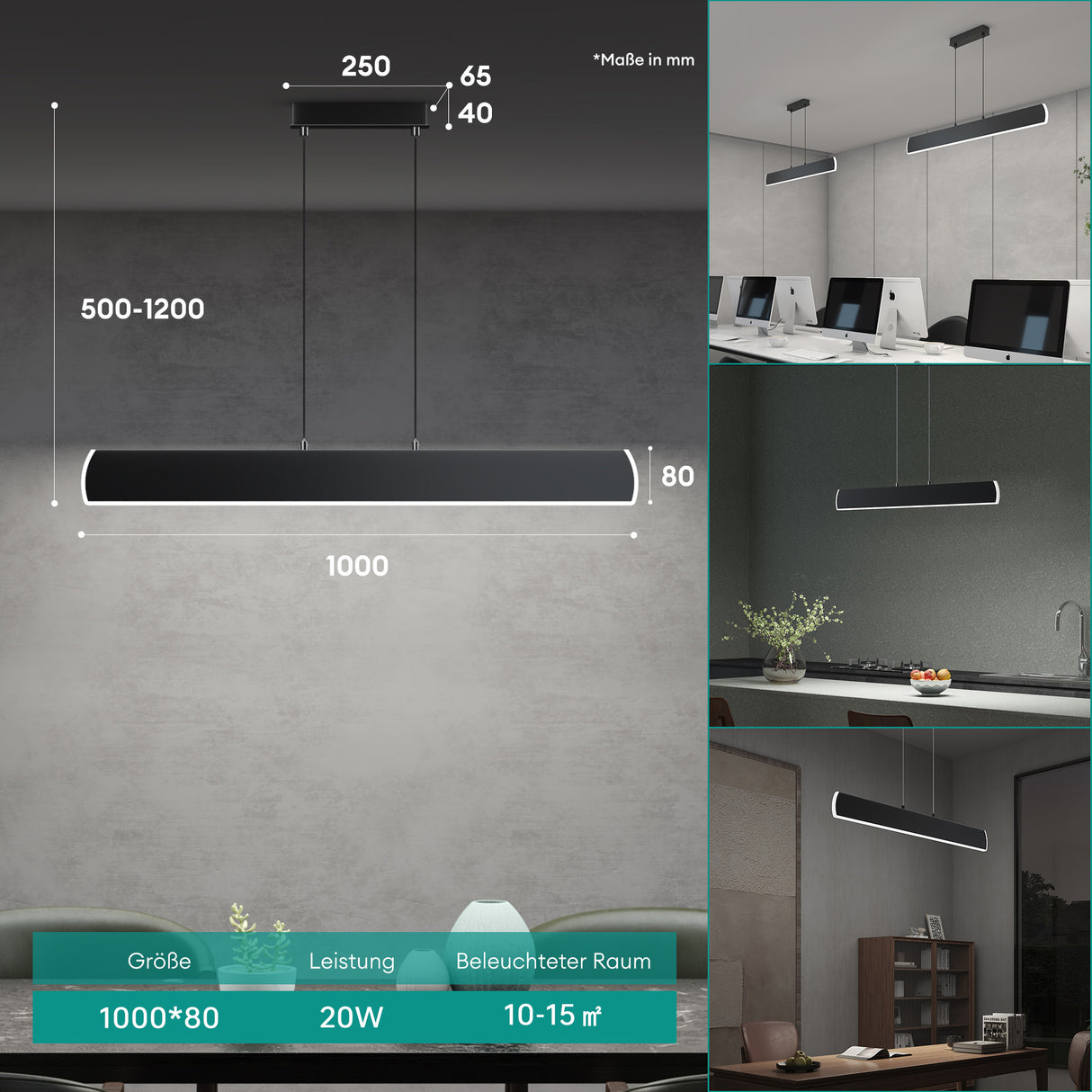 glasvilla Pendelleuchte 100cm LED Hängelampe Dimmbar mit Fernbedienung 3000K/4000K/6000K Verstellbares Kabel 20W Hängeleuchte für Esszimmer Wohnzimmer Schlafzimmer
