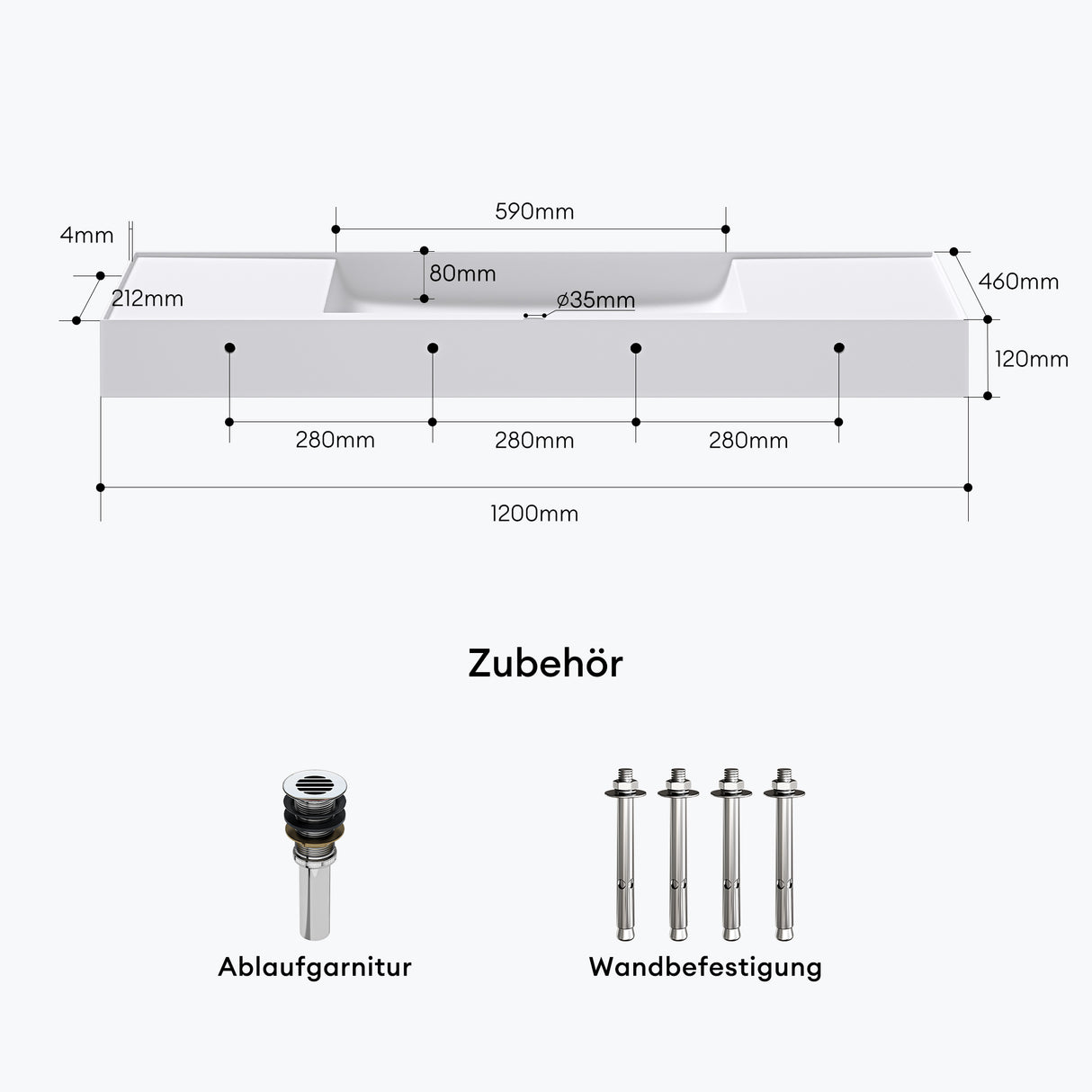 Lavabo Glasvilla, lavabo à poser, lavabo suspendu, en fonte minérale, rectangulaire, meuble-lavabo Col630