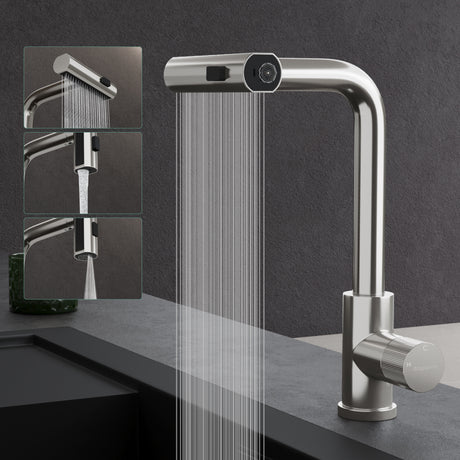 glasvilla Robinet de cuisine avec douchette extractible, mitigeur de cuisine pivotant à 360° avec 3 modes de pulvérisation, mitigeur d'évier en acier inoxydable Turnix-02