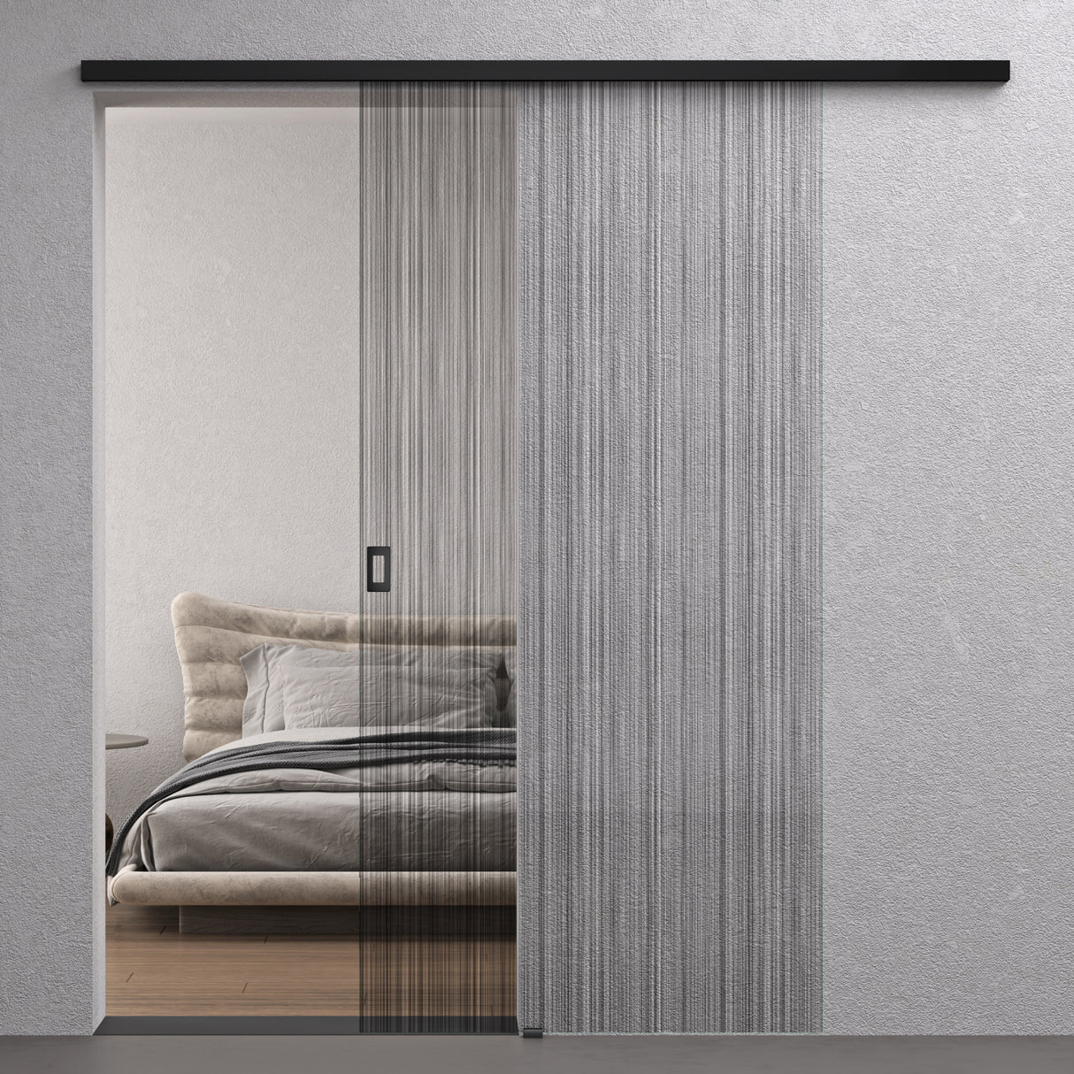 Ensemble complet de porte coulissante en verre Glasvilla, porte intérieure, noir mat, verre de sécurité trempé de 8 mm, porte coulissante, verre noir brossé avec rail en aluminium, Muranino-001 