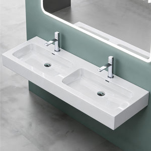 Glasvilla Design, Lavabo doble suspendido / de encimera Col830 en mineral sintético 140×48×13 cm