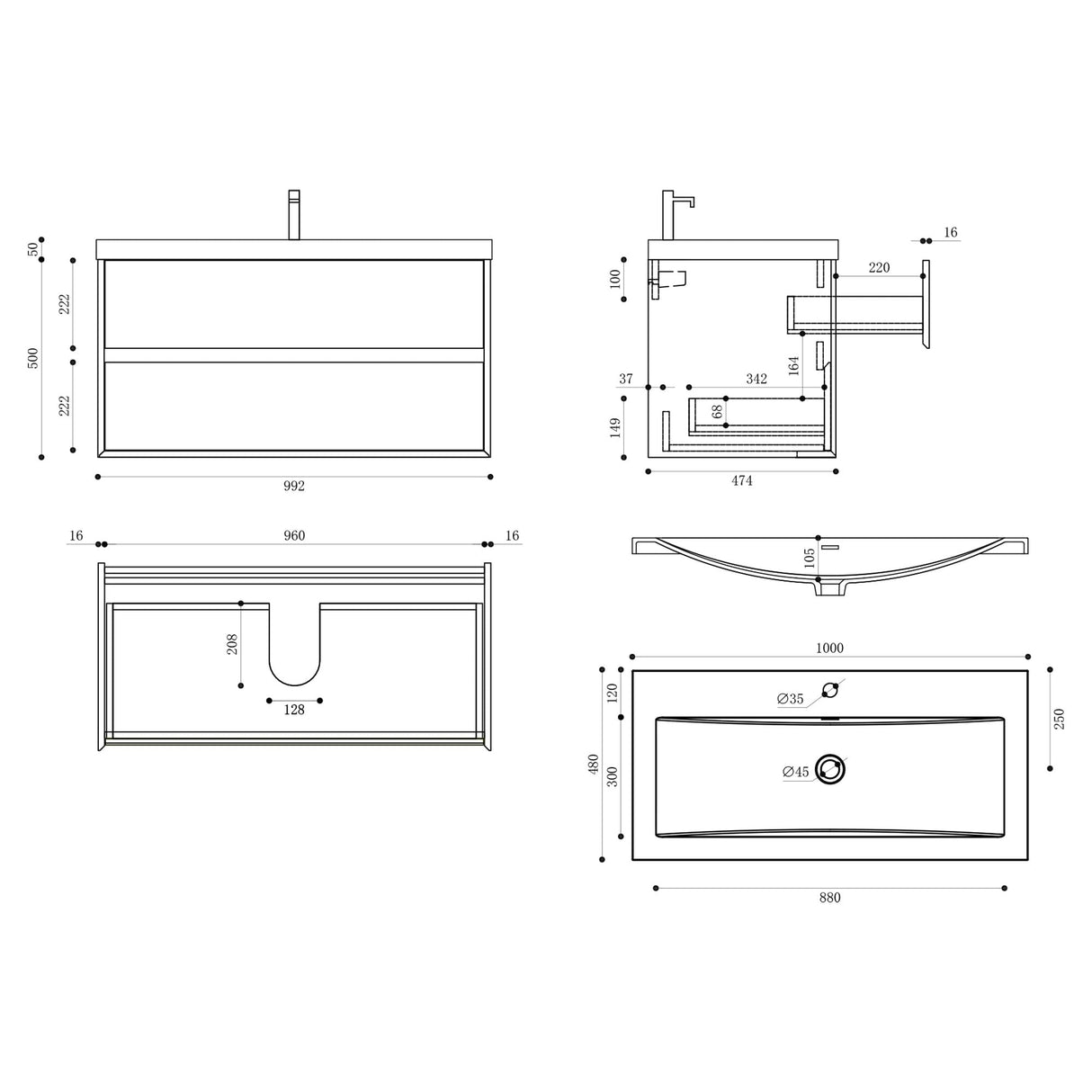 Ensemble de meubles de salle de bain Glasvilla Meuble de salle de bain Meuble sous-vasque 2 tiroirs avec fermeture amortie avec lavabo en blanc en fonte minérale Rimo